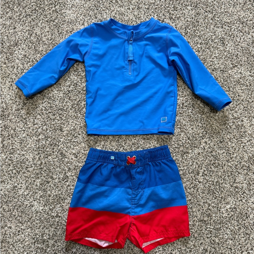 RUGGEDBUTTS Boy Blue and Red Swim Set Rashguard and Trunks 12-18 Months